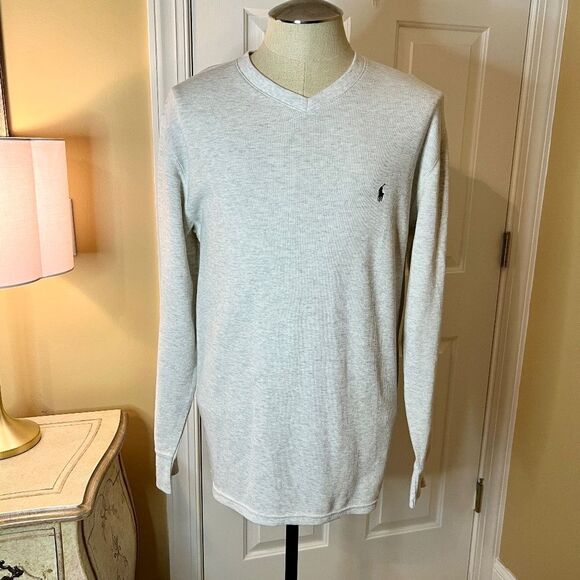NWOT Men's Polo Ralph Lauren Waffle Knit V-Neck T-Shirt Oatmeal Tan Gray LARGE - Picture 1 of 3